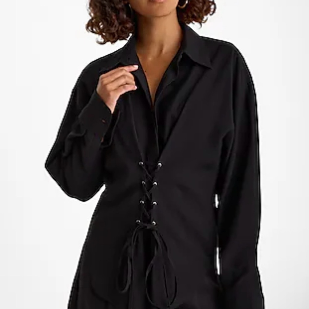 Express Black Lace-Up Collared Blouse